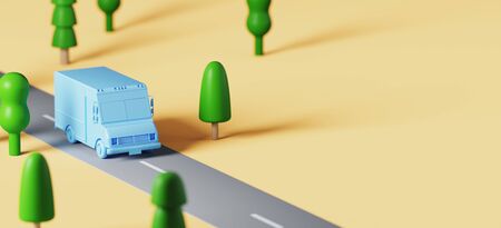 Minimal composition for logistic and delivery concept. Blue truck on yellow background. 3d rendering illustration.の写真素材