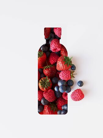 Creative minimal diet and healthy concept. Mixed berry underlay with paper cut shape of bottle. 3d rendering illustration.の写真素材