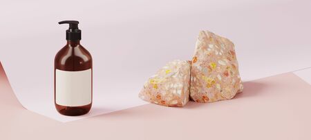 Minimal background for branding and product presentation. Cosmetic bottle and terrazzo on pink color...