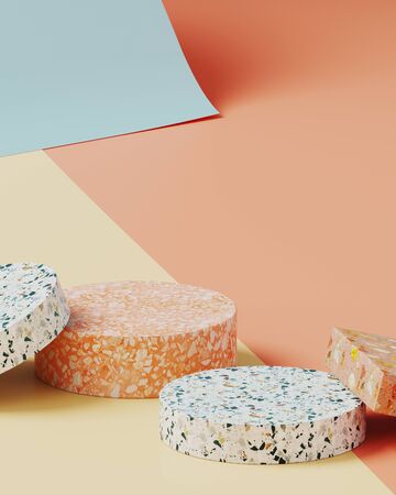 Minimal background for branding and product presentation. Colorful terrazzo on cream,nude and blue color paper roll background. 3d rendering illustration.の写真素材
