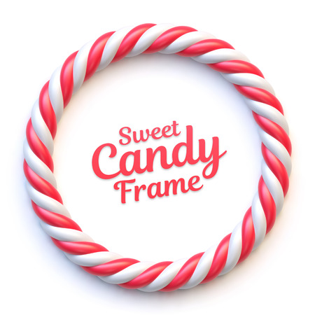 Candy cane circle frame on white background. Swirl hard candy round border with copy spaceのイラスト素材