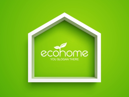 White frame in shape of house on green background. Eco home real estate design templateのイラスト素材