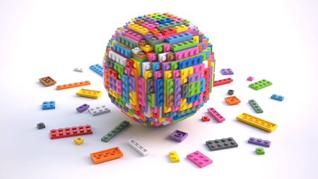 Colored toy bricks in form of sphere isolated on white background. 3d rendering