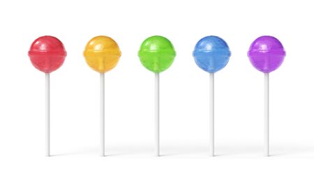 Set of five colorful sweet lollipops isolated on white backgroundの写真素材