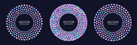 Set of colorful circle frames with holographic gradient iridescent triangles. Vector illustration. Gradients swatches includedのイラスト素材