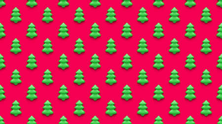 Seamless pattern of green cartoon Christmas trees on colorful red background. Merry Christmas and...