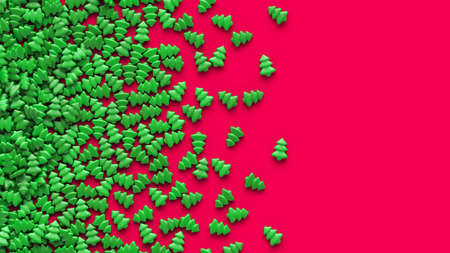 Green cartoon Christmas trees scattered on colorful red background. Merry Christmas and Happy New Year concept. 3d renderingの写真素材