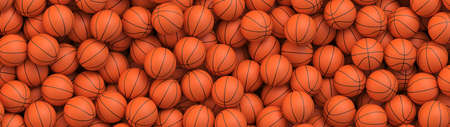 Basketball balls background. Many orange basketball balls lying in a pile. Realistic vector backgroundのイラスト素材