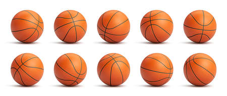 Set of orange basketball balls with leather texture in different positions. Vector illustrationのイラスト素材