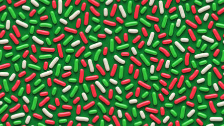 Christmas sprinkles background. Seamless pattern with many red green and white sprinkles. 3d...