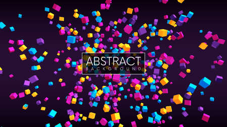 Abstract geometric background with flying 3d cubes. Futuristic explosion with colorful cubes. Vector...