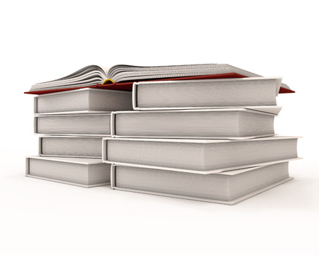 Red open book on stack of books isolated on white background. 3d render image.の写真素材