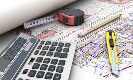 Tools of the architects plans. Calculator, pen, knife stationery and roulette on the rolls of...