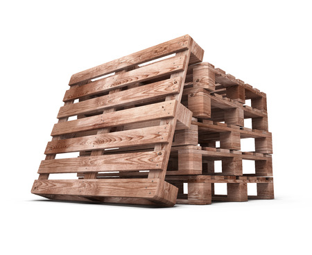 Stack of wooden pallets close-up isolated on white background. 3d illustration.