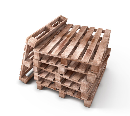 Stack of wooden pallets isolated on white background. 3d illustration.の写真素材