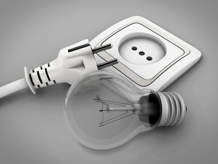 Bulb against the electric socket and an electrical plug. 3d illustration.