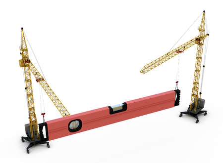 Two construction cranes raise construction level on a white. 3d render image.