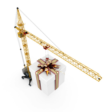 Gift hanging on a hook of the construction crane on a white background. 3d illustration.の写真素材
