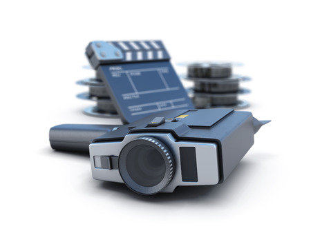 Retro movie camera clapper board and film reel on a white background. 3d illustration.の写真素材