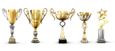 Set of golden trophies isolated on white background. Set of various gold cups. 3d illustration.の写真素材