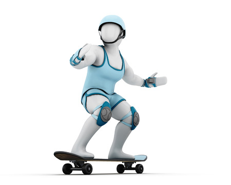 3D white man on a skateboard in riot gear isolated on white background.の写真素材