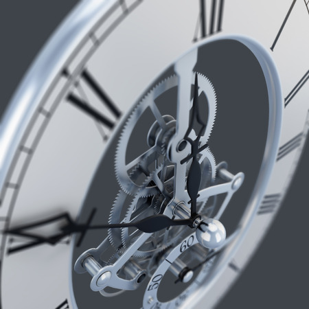 Close up of a clock with gears. 3d render image.