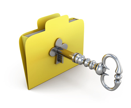 Folder for papers with the old key. Concept of protection of the information in your computer. 3d illustration.の写真素材