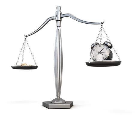 Time is money. Business concept. Watch and money on scales. 3d illustration.の写真素材