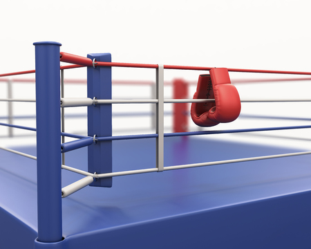 Boxing gloves hanging on ropes of ring. 3d rendering.の写真素材