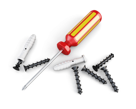 Screws and screwdriver isolated on white background. 3d rendering.