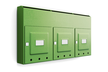Green mailbox in an apartment building isolated on white background. 3d illustration.の写真素材