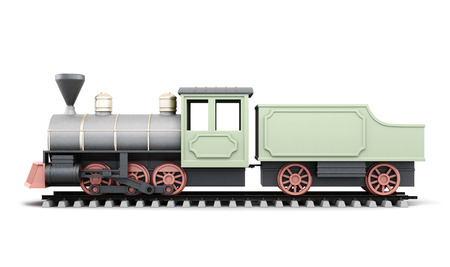 Profile antique locomotive with wagon isolated on white background. 3d rendering.