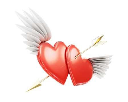 Two winged heart pierced by an arrow on a white background. 3d rendering