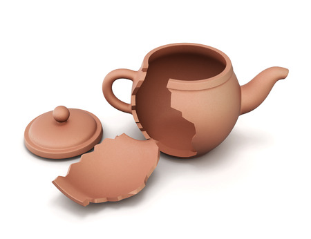 Broken clay teapot isolated on white background. 3d rendering.の写真素材