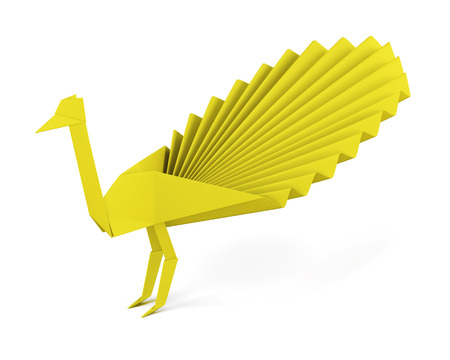 Origami peacock made of paper isolated on white background. Yellow paper peacock. Side view. 3d renderingの写真素材