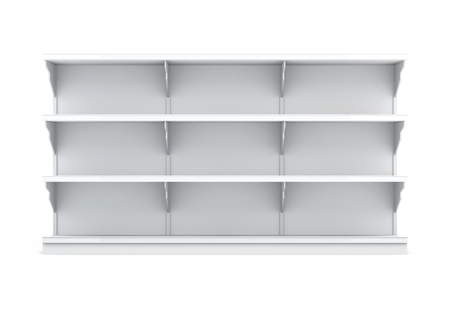 Front view rack with shelves for supermarket isolated on white background. Empty shelves. 3d renderingの写真素材