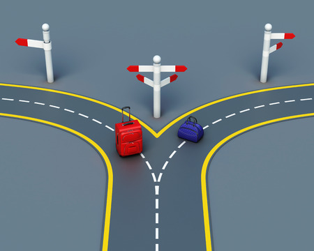 Choice of the way. Two suitcases on the road. Travel concept. 3d renderingの写真素材