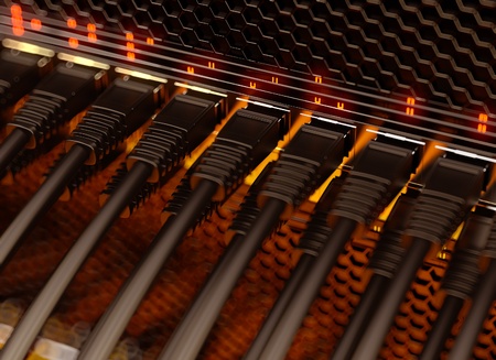 Modern network switch with cables の写真素材