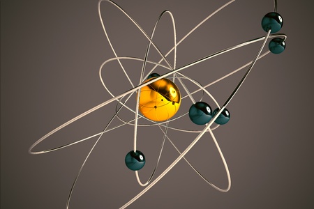 Isolated 3D atom model with yellow and blue particles. The central nucleus are surrounded by a cloud...