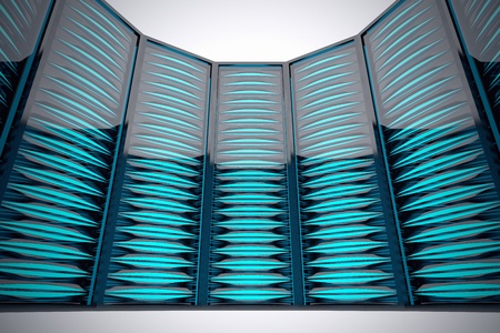 Row of futuristic rack mounted servers in data center. Bright blue LEDs.