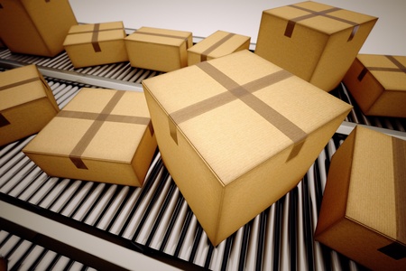 Packages are being sorted on conveyor belt.