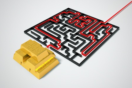 Red arrow  leads to golden bars in a complicated labirynth.の写真素材