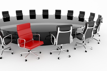 Conference table set with one red chair の写真素材