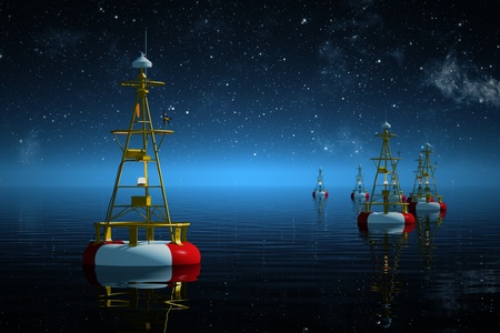 Buoys floating on the sea at starry night 