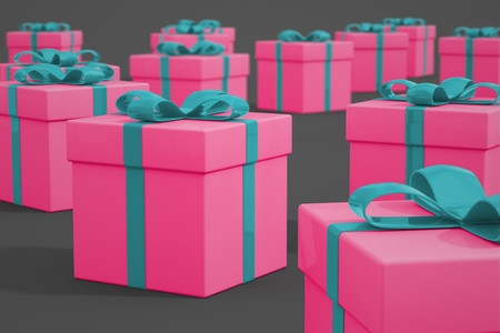 Multiple pink gift boxes decorated with blue ribbons arranged on a gray background. Perfect for birthday, anniversay or Christmas.の写真素材
