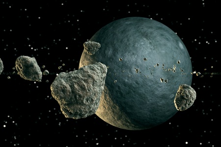 Multiple meteor lumps flying in space. Planet emerges from the darkness. の写真素材