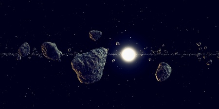 The sun shines through an large array of meteors flying around in space. Suitable for any fantasy, astronomy or space realted purposes.の写真素材