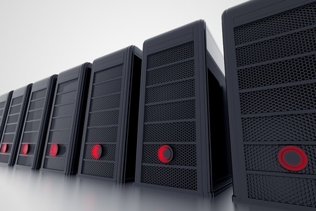 Row of computers or servers with red shiny button. Personal computer cases.の写真素材