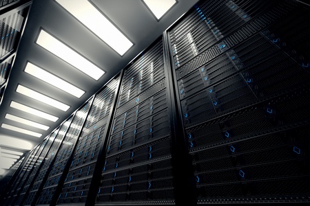Image presents a bottom view of a room equipped with data servers  Blue LED lights are flashing  Image can represent cloud computing, information storage, etc  or can be the perfect technology background  の写真素材