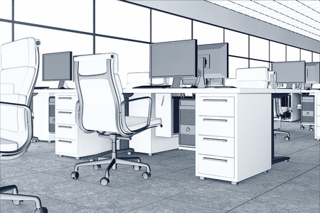 Linear image of an office space  Illustrates arrangement and furnishing of a modern office interior, comfortable business space and professionalism の写真素材